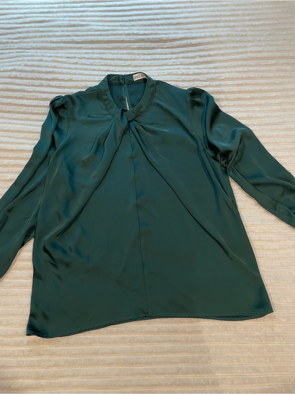 Grace Karin Dark Teal Tie-Neck Long Sleeve Blouse